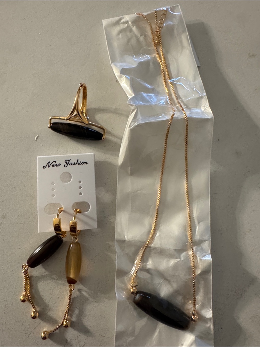 Gold-Tone Bead Necklace, Ring & Dangle Earrings Set with Brown Beads